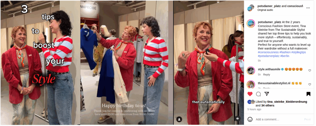 At the 2 years Conscious Fashion Store event, Tina Steinke from The Sustainable Stylist shared her top three tips to help you look more stylish – effortlessly, sustainably, and true to yourself.
Perfect for anyone who wants to level up their wardrobe without a full makeover. Original audio: 3 tips to boost your style... posted by potsdamer_platz and consciousfashionstore featuring Tina Steinke on Instagram on 16 May 2025