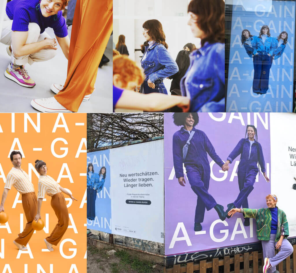 Collage: Styling der Models, Kampagnenmotive auf Social Media, Displays und Plakaten