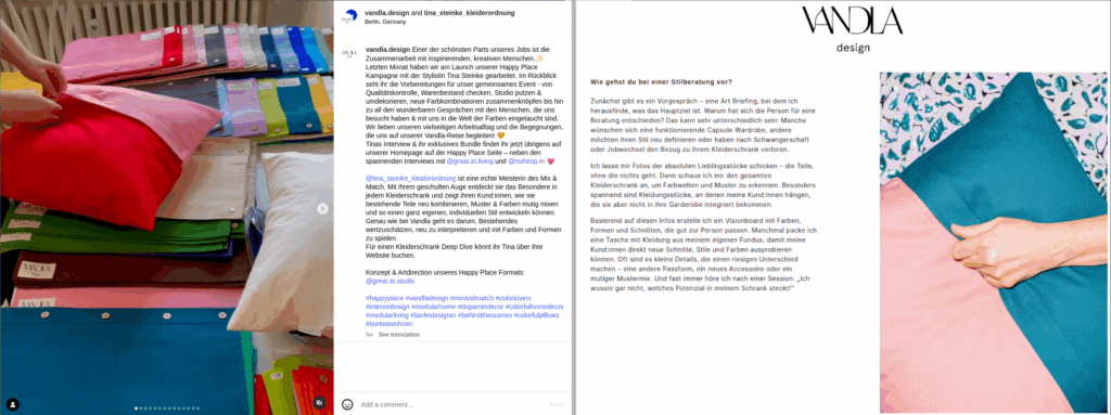 Auszug aus dem Interview von VANDLA mit Tina Steinke und Ankündigung auf Instagram